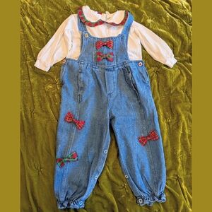 Vintage Toddler Denim Plaid Bow Christmas Overalls
